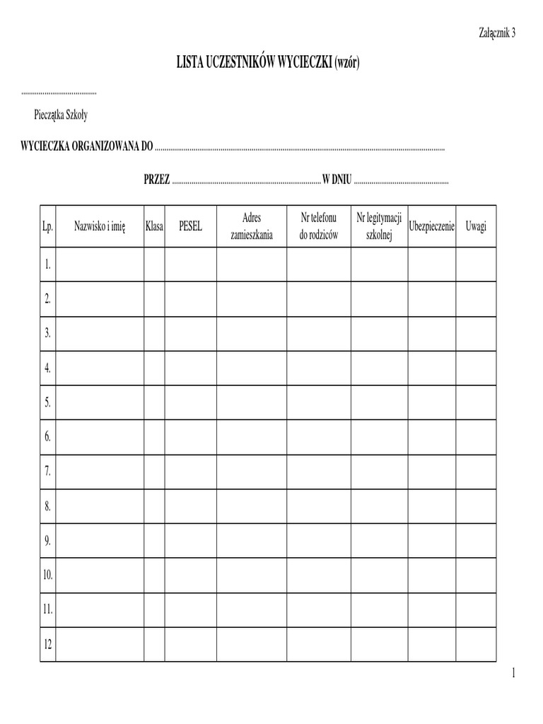 Lista Uczestników Wycieczki (Wzór) : Załącznik 3 | PDF