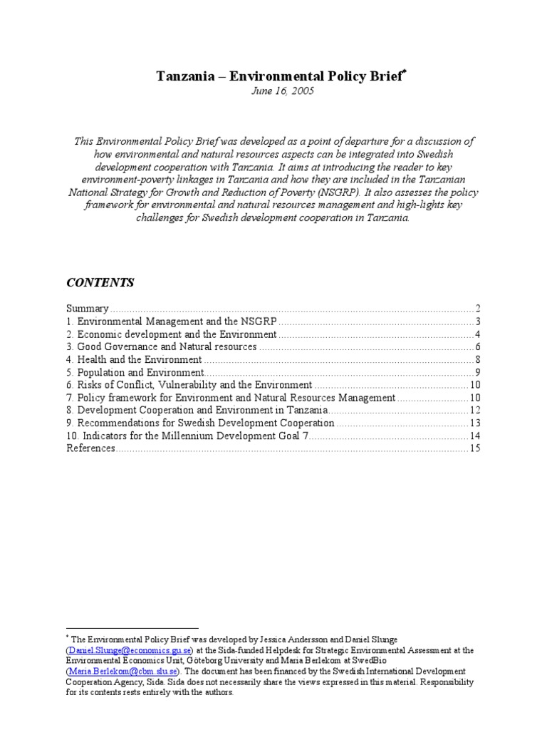 Environmental Policy Brief Tanzania Environmental Resource Management