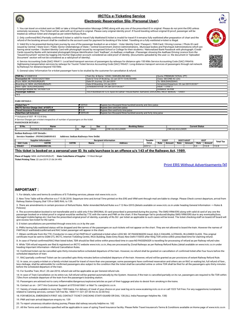 IRCTC e-Ticket Guide | PDF | Identity Document | Ticket (Admission)