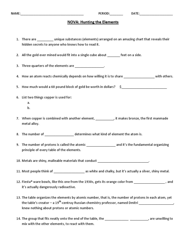 Hunting The Elements Worksheet PDF Chemical Elements Atoms