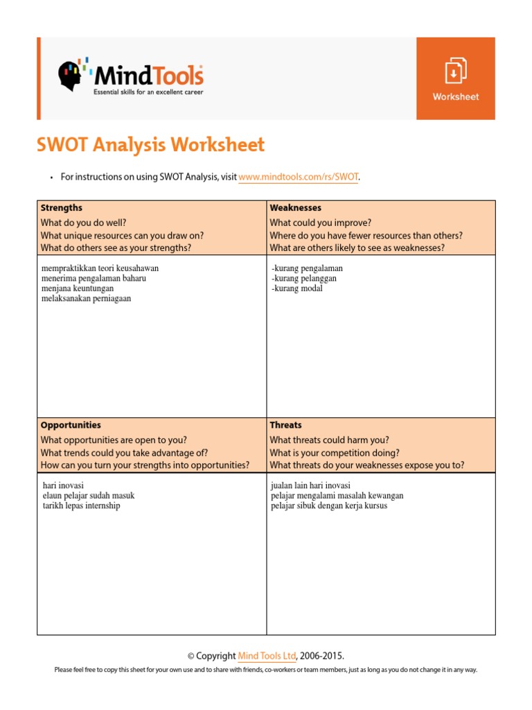 NOTA TOPIK 3 - SWOT AnalysisWorksheet Kwen Yau PDF | PDF | Business ...