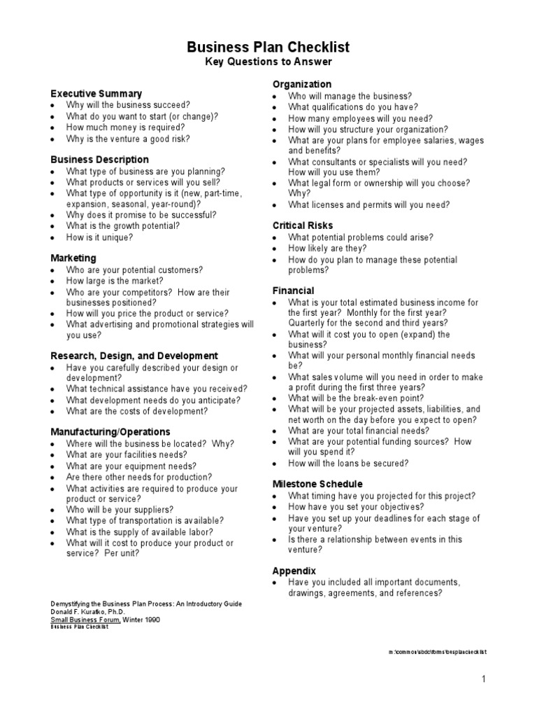 Business Plan Checklist Key Questions to Answer Expense Depreciation