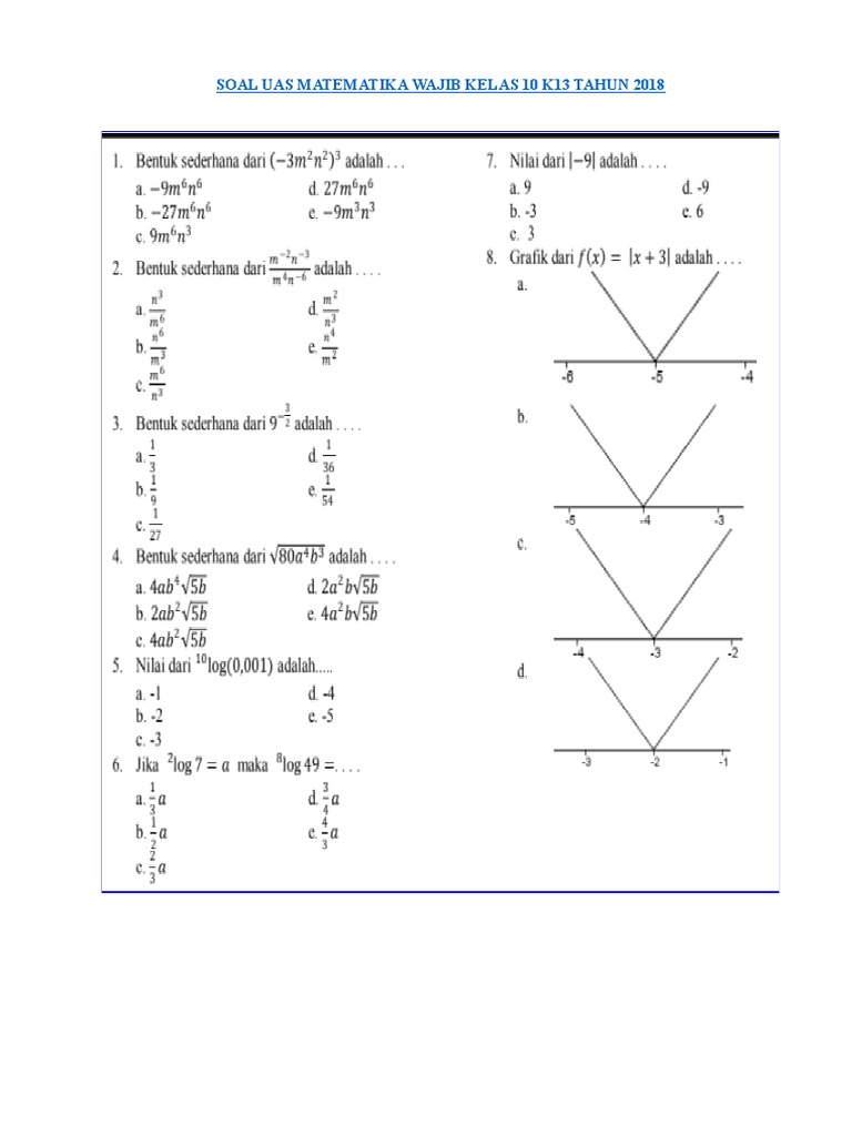 Soal Uas Matematika Wajib Kelas 10 Semester 1 Docx