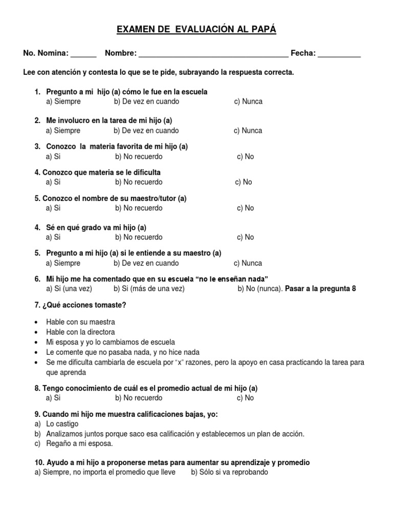 Evaluación para Padres de Familia | PDF | Prueba (evaluación) | Aprendizaje
