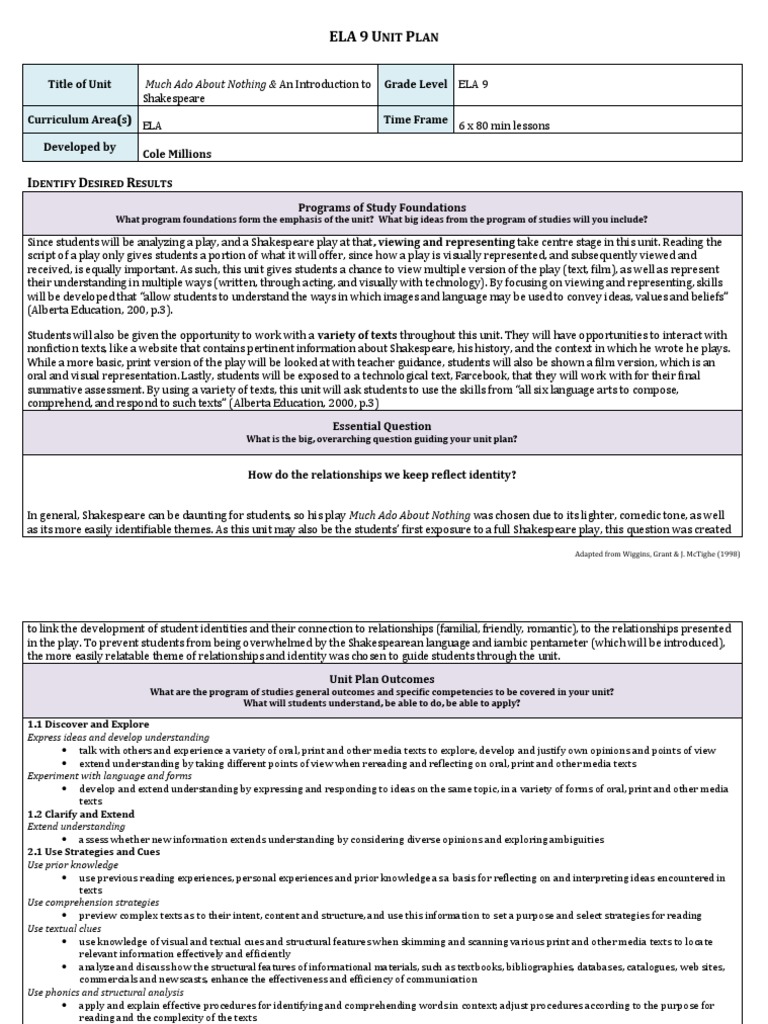 ELA 9 Unit Plan: Much Ado About Nothing | PDF | Educational Assessment ...