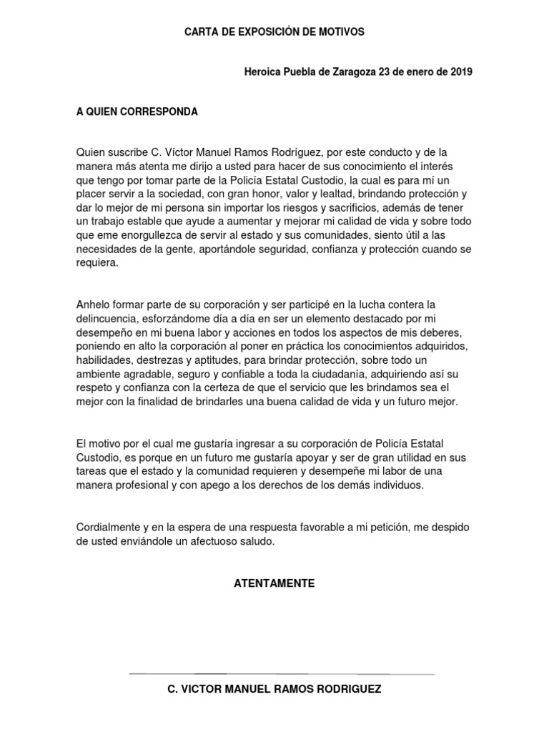 Carta de Exposición de Motivos  Policía  Crecimiento personal