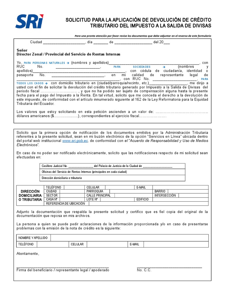 Formulario de Solicitud de Devolución Crédito Tributario de ISD ...