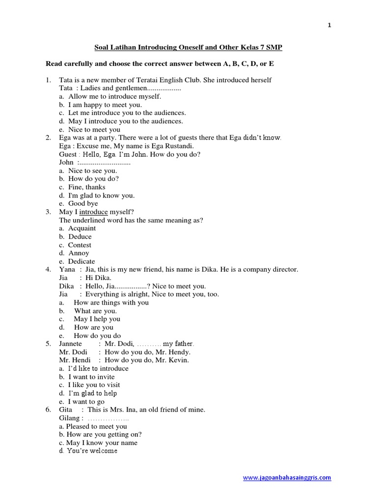 Soal Introducing Oneself And Other Kelas 7 Smp Docx