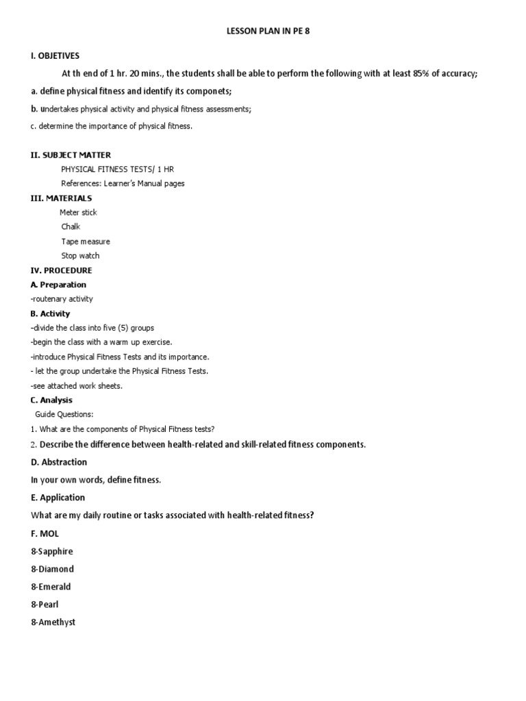 PE 8 Lesson Plan: Physical Fitness Tests | PDF
