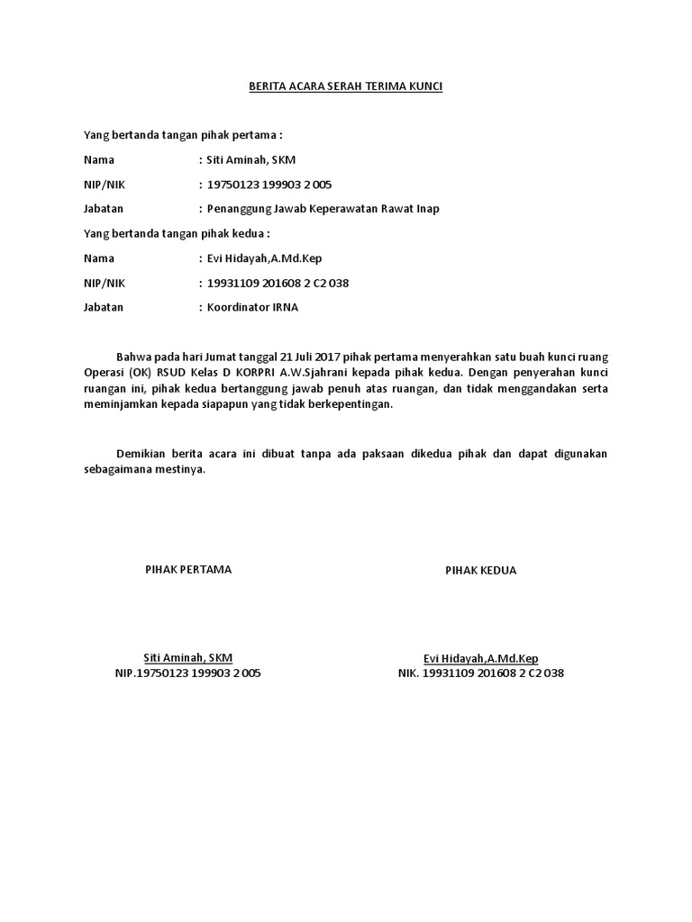 Contoh Surat Penjelasan Serah Kunci Kepada Pihak Adjuster