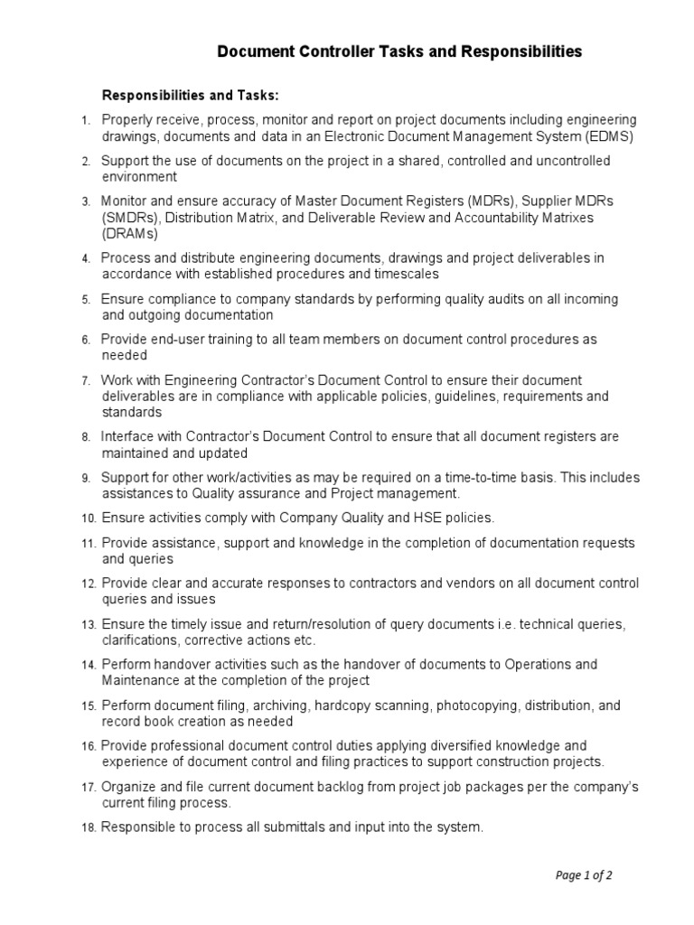 Document Controller Responsibilities Overview | PDF | Documentation ...