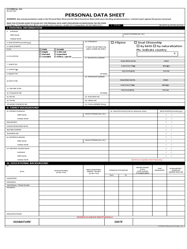 Personal Data Sheet: Filipino Dual Citizenship by Birth by ...