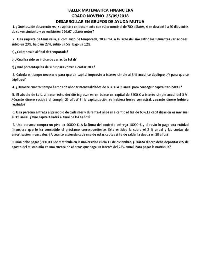 Taller de Matemática Financiera Noveno | PDF | Negocios | Derecho