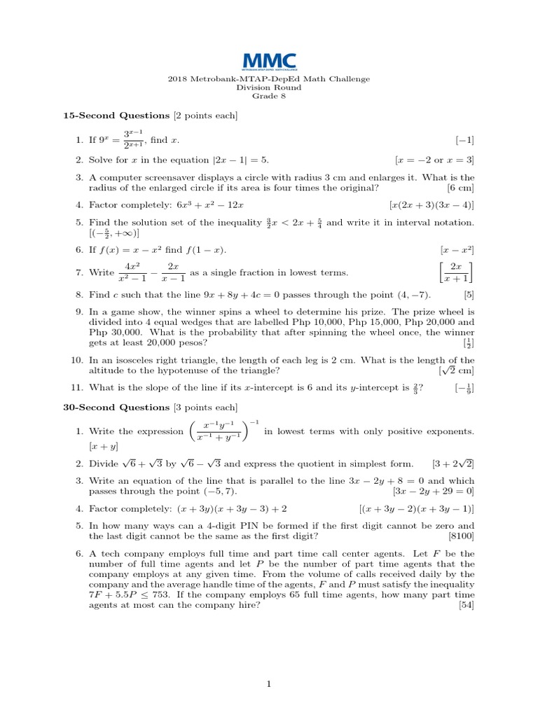 MMC Questions For Division Finals Grade 8 PDF Function (Mathematics