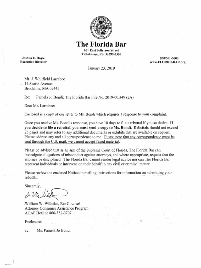 Letters From Florida Bar Concerning Complaint Against Pam Bondi