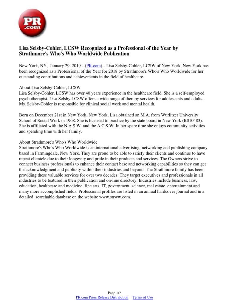 Lisa Selsby-Cohler, LCSW Recognized As A Professional of The Year by ...