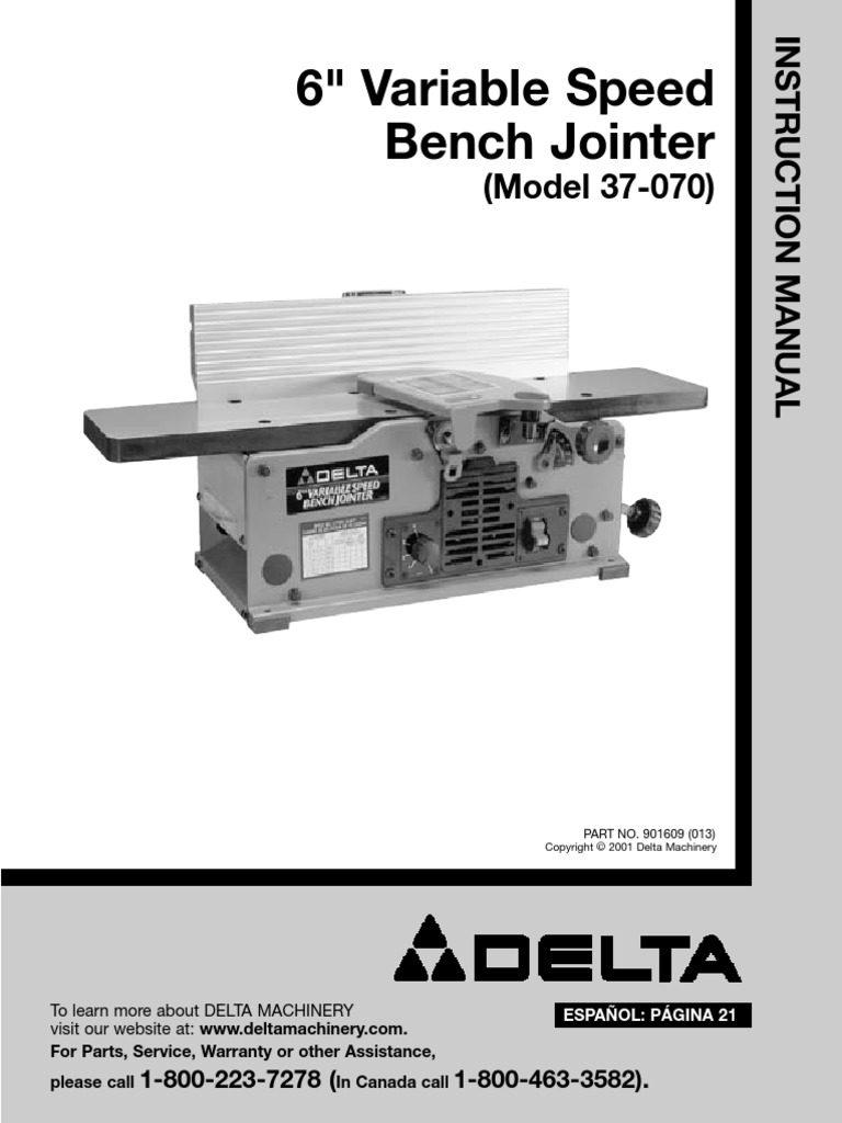 6 Variable Speed Bench Jointer (Model 37070) Manual PDF Electrical