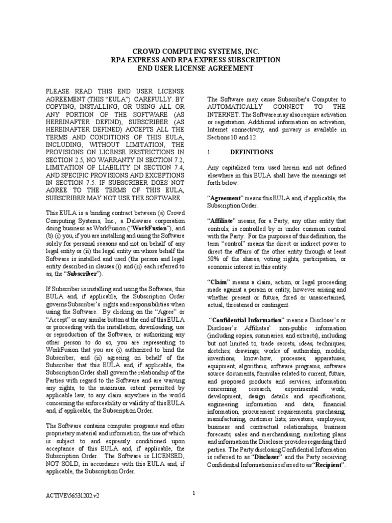 WorkFusion - RPA Express EULA PDF | PDF | Subscription Business Model ...