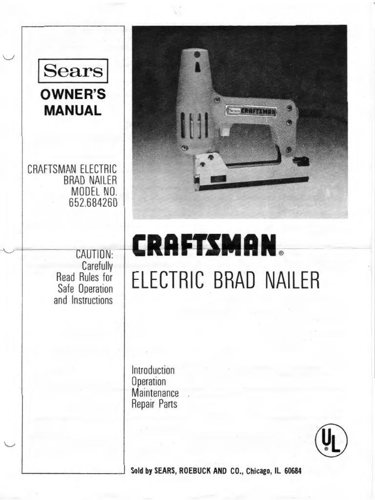 Craftsman Electric Brad Nailer 652.684260 Owners Manual April 1978 PDF Sears