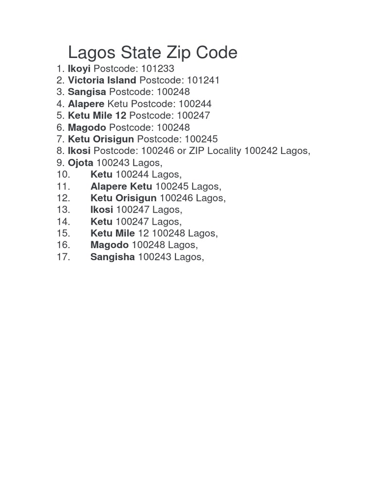 Lagos State Zip Code PDF Consumer Goods Systems Engineering