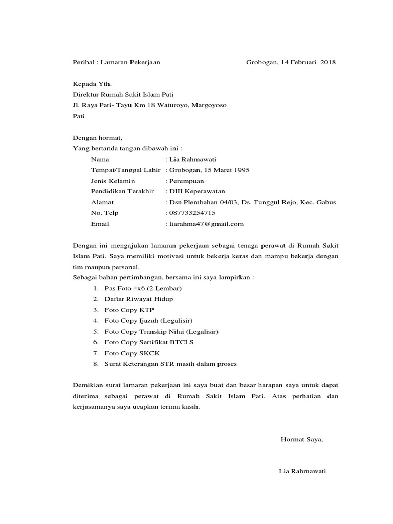 Surat Lamaran Kerja Rs Islam Pati