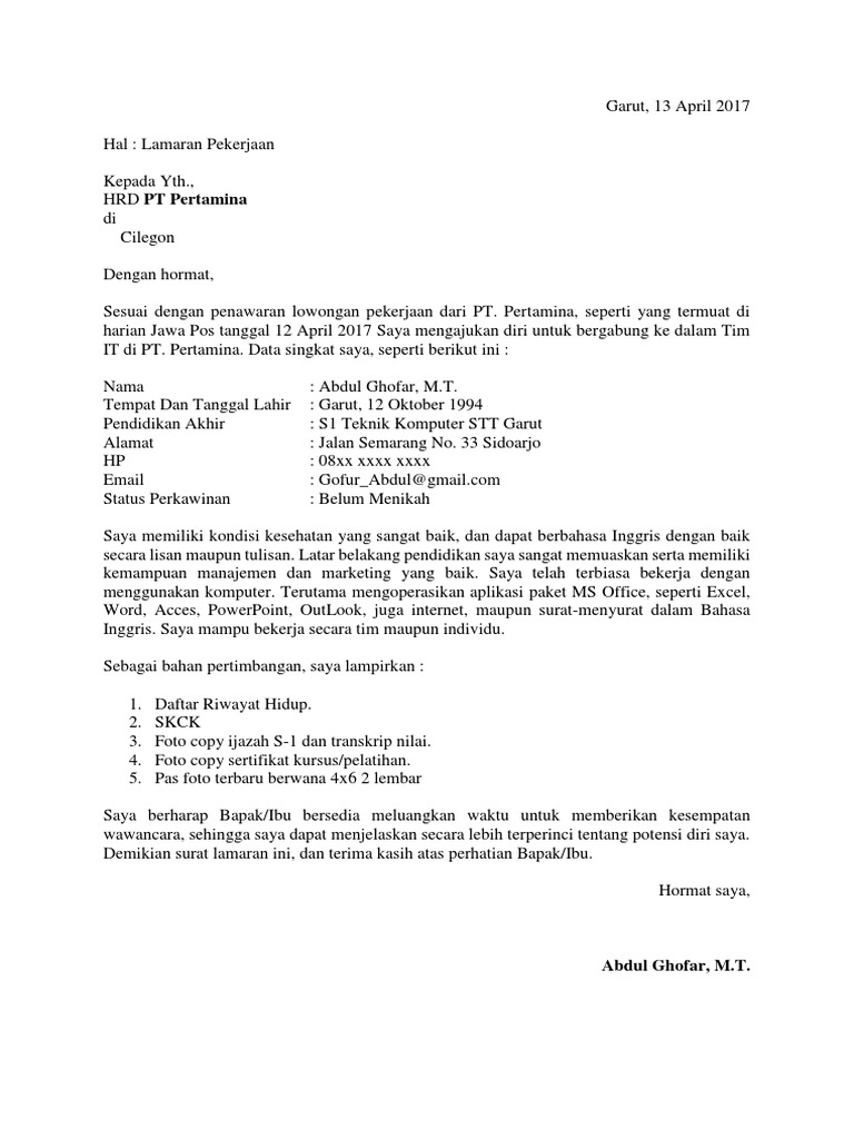 Surat Lamaran Kerja Pertamina Sebagai Staff It Pdf
