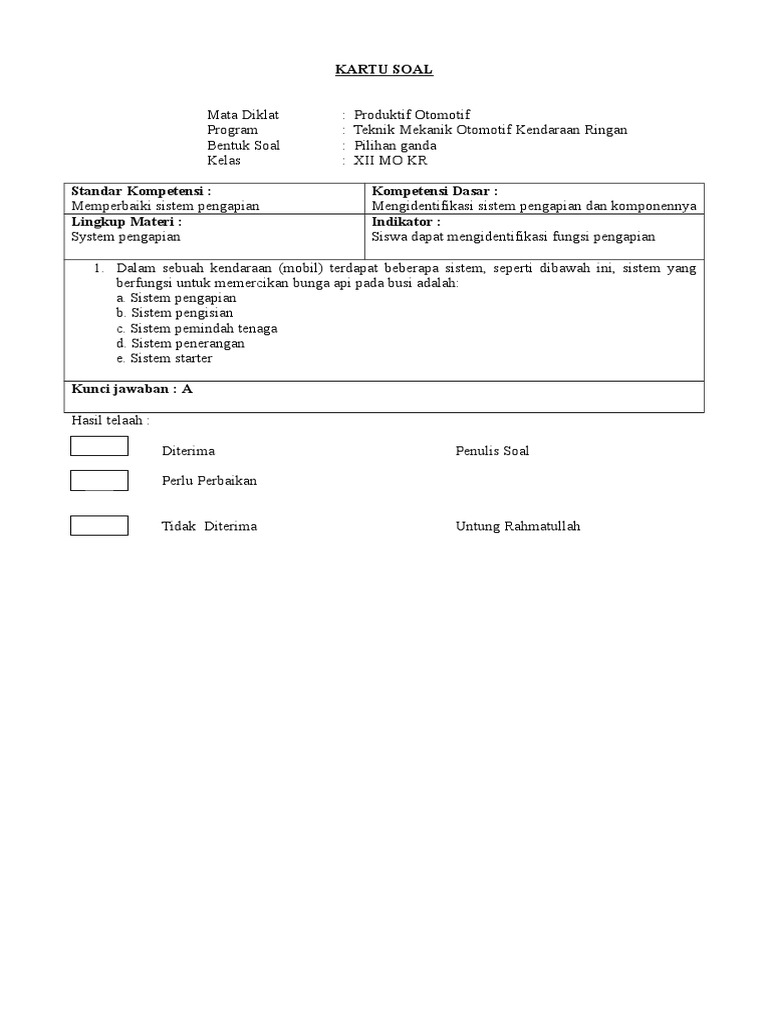 Soal Dan Kunci Jawaban Sistem Pengapian Guru Galeri