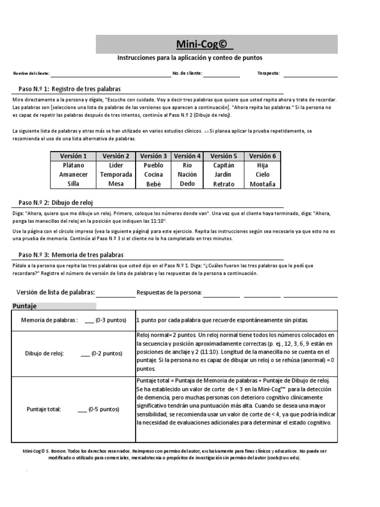 SPANISH Mini Cog PDF | PDF | Salud y bienestar | Medicina