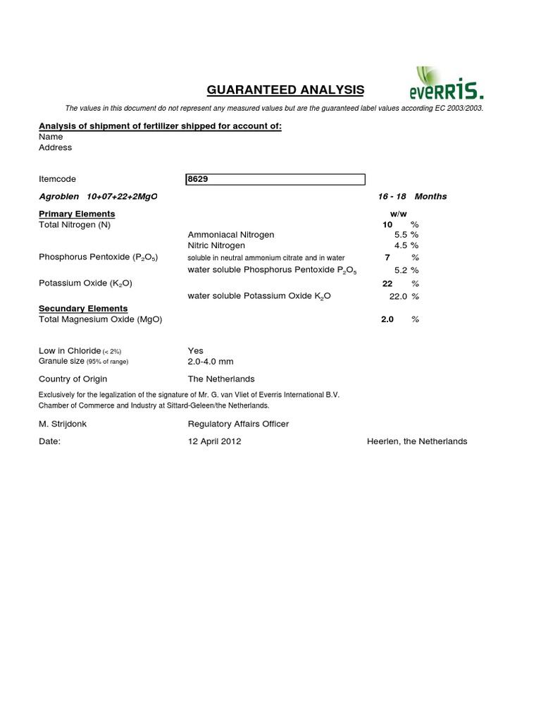 Guaranteed Analysis Analysis of Shipment of Fertilizer Shipped For