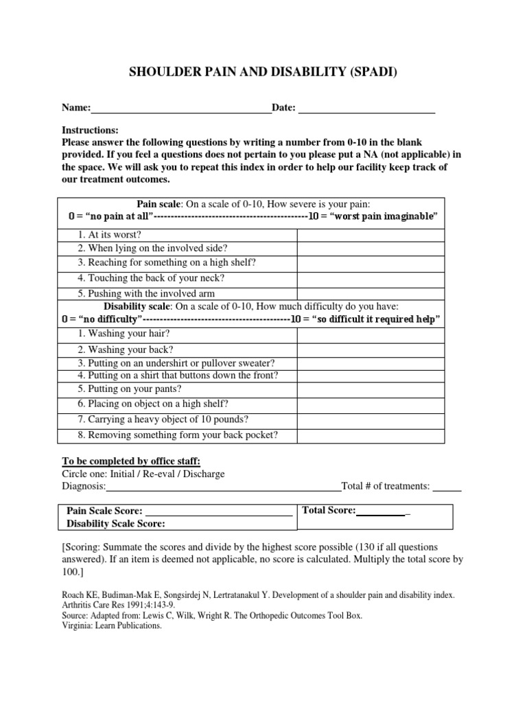 SPADI Questionnaire for Shoulder Assessment | PDF | Self-Improvement ...