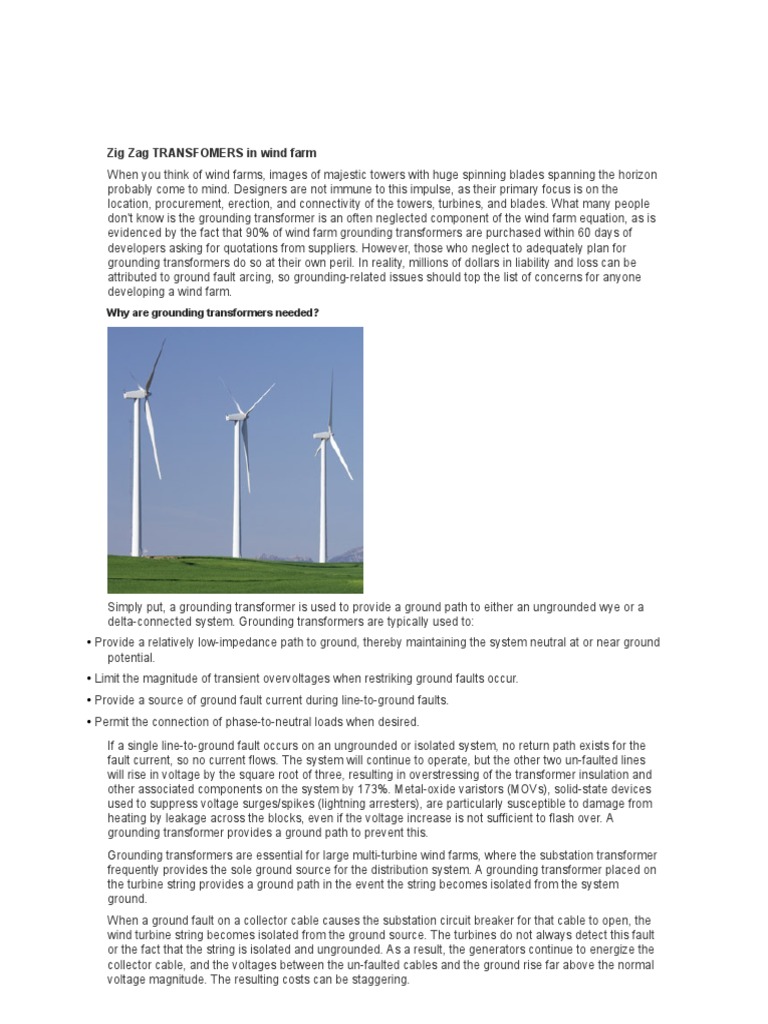 Zig Zag TRANSFOMERS in Wind Farm Why Are Grounding Transformers Needed