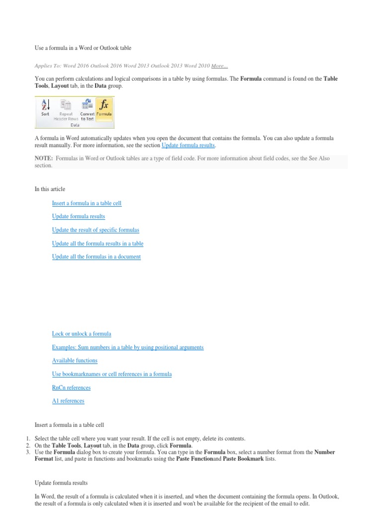 Outlook Table Formulas