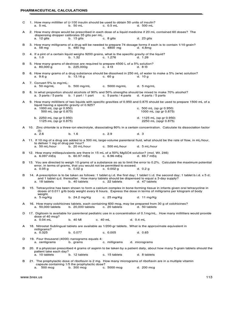 Pharmaceutical Calculations Practice Quiz | PDF | Mass Concentration ...