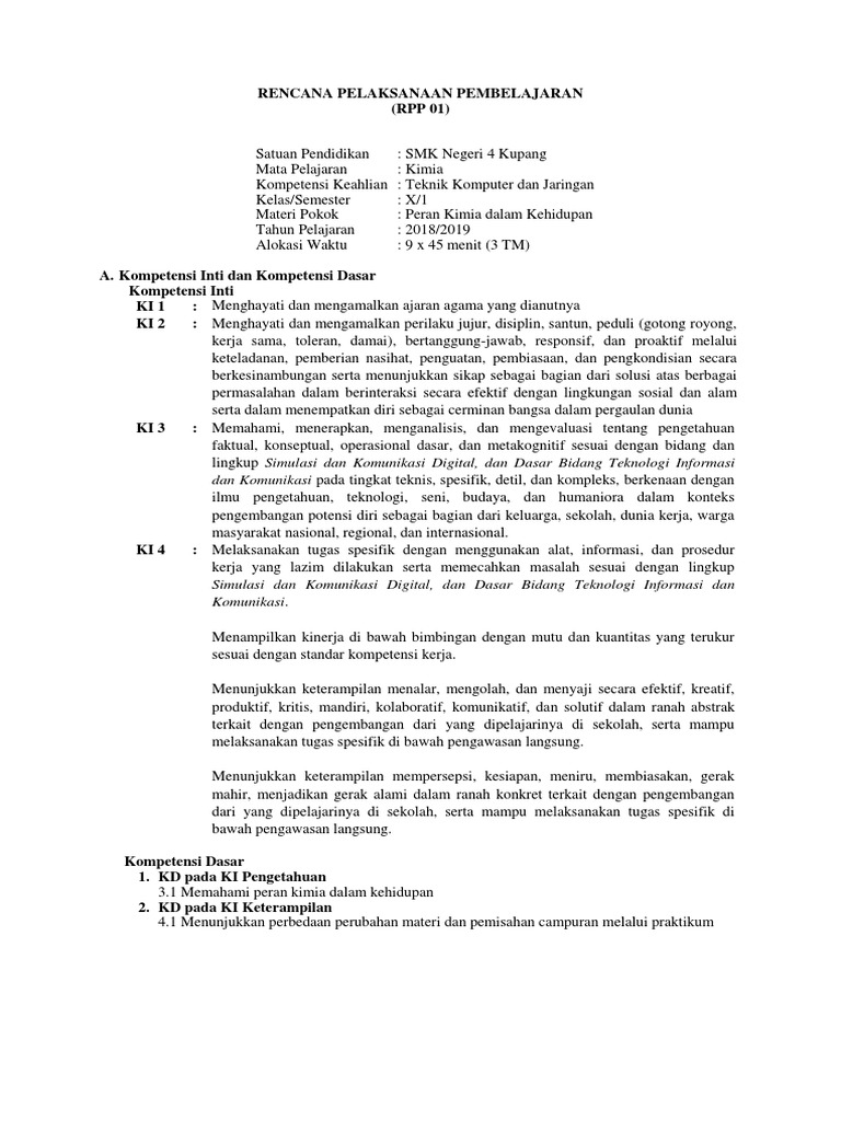 K13 Rpp Kimia Smk Tkj Kelas X Kd 3 1