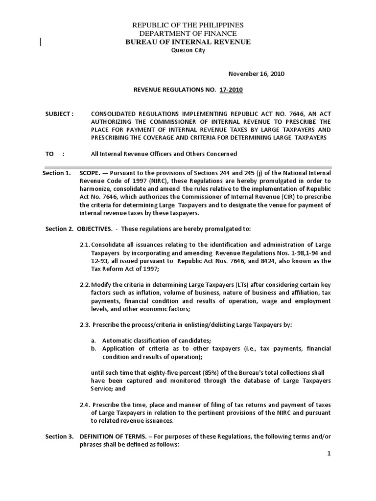BIR Revenue Regulations on Large Taxpayers | PDF | Capital Gains Tax ...