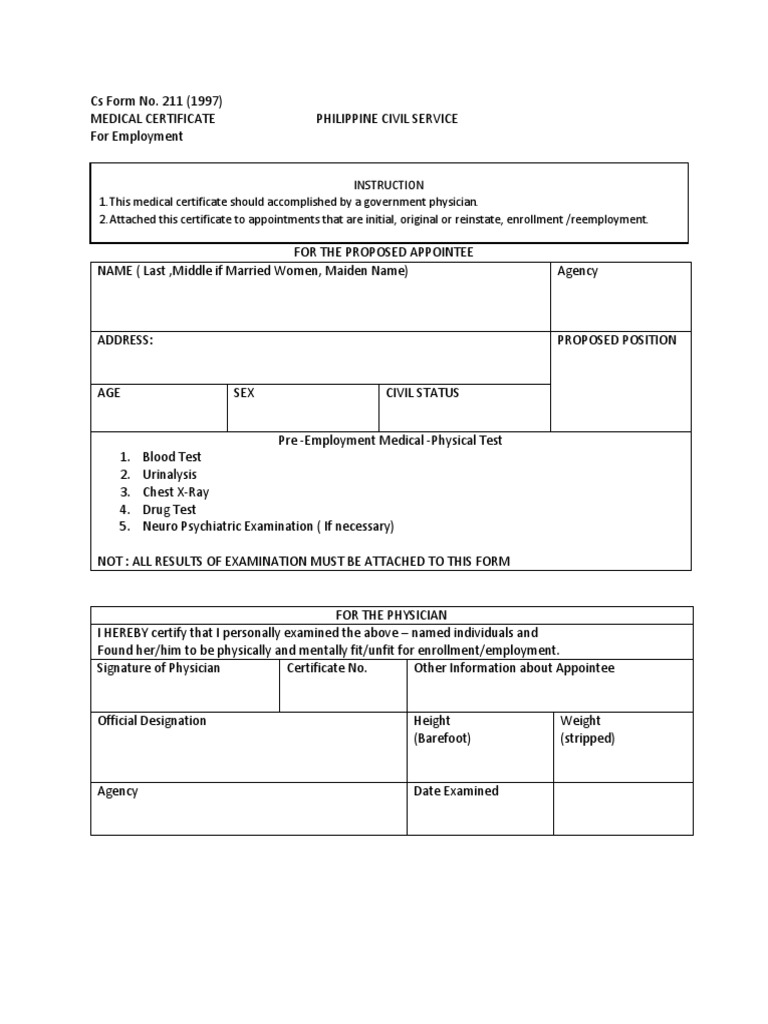 Pre-Employment Medical Certificate for Philippine Civil Service ...