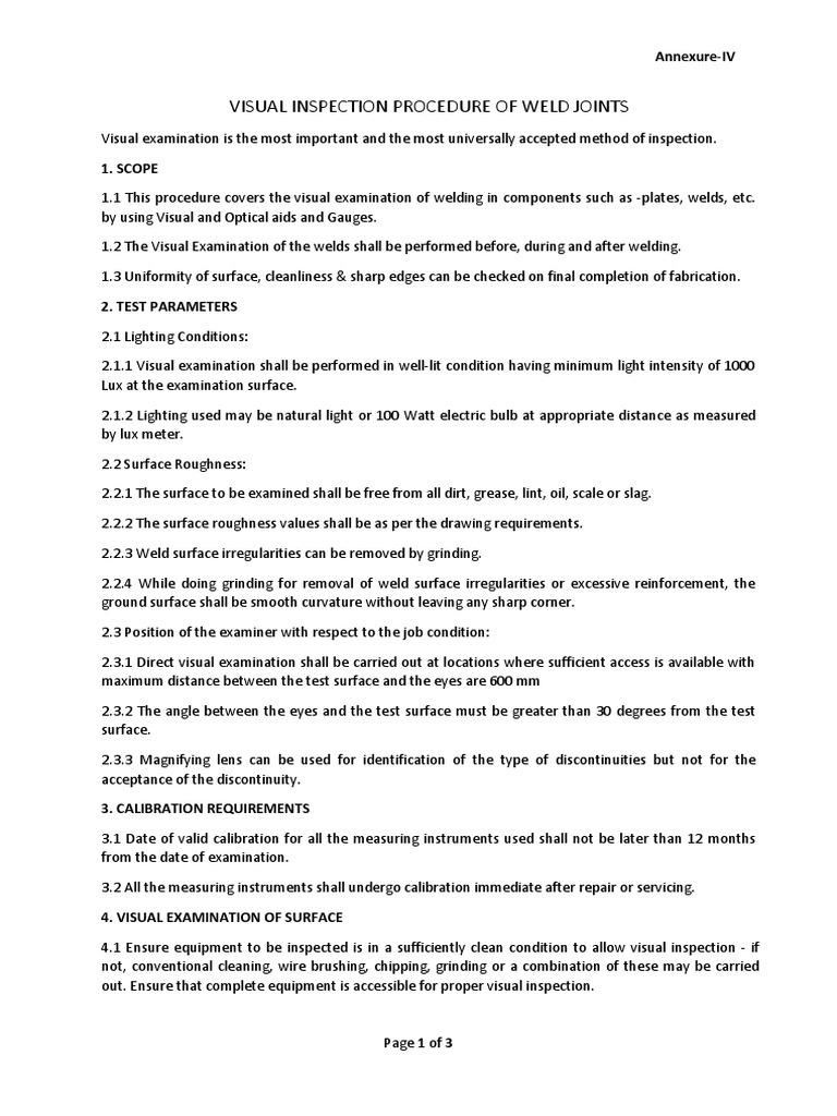 Visual Inspection Procedure PDF Welding Construction