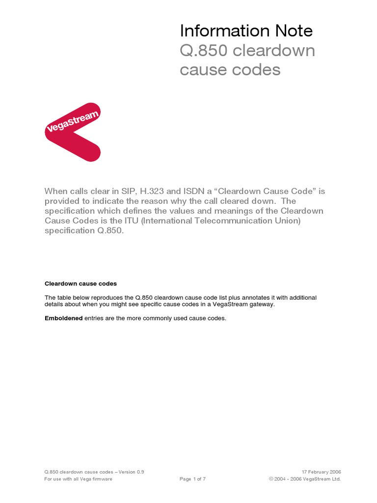 Q.850 Cleardown Cause Codes: Information Note | PDF | Session ...