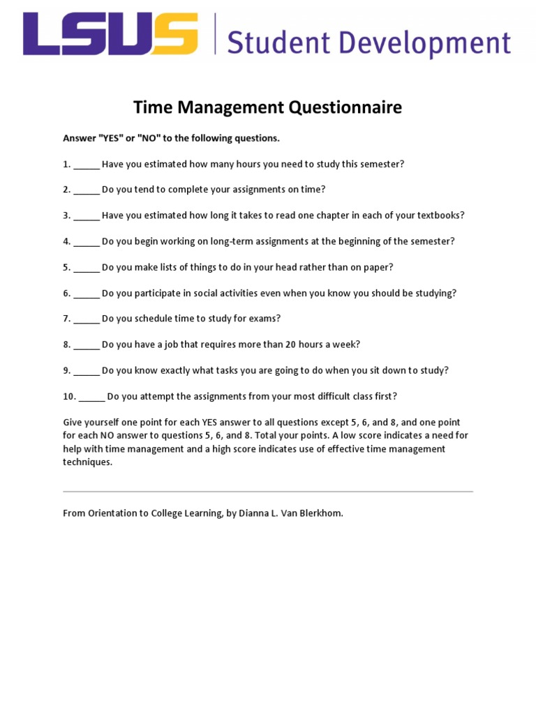 Time Management Questionnaire: Answer 