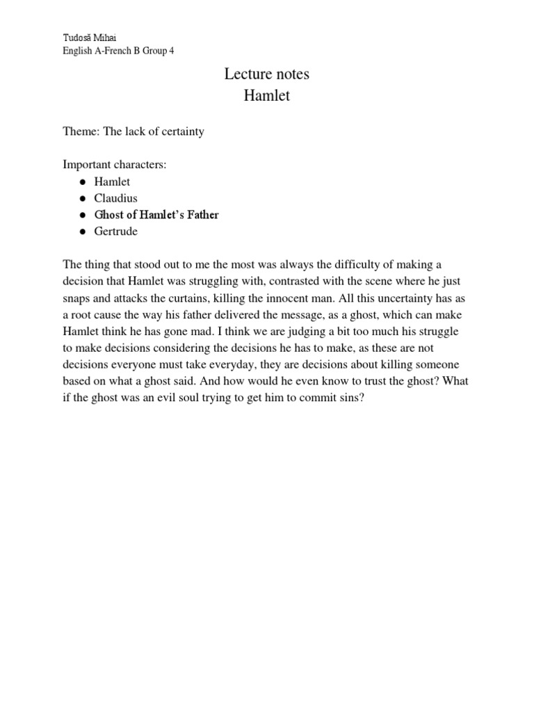 Lecture Notes Hamlet: Tudosă Mihai English A-French B Group 4 | PDF ...