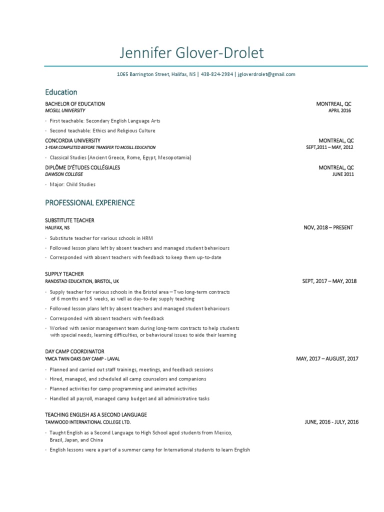 Jennifer Glover-Drolet's Teaching Profile | PDF | Teachers | Psychotherapy