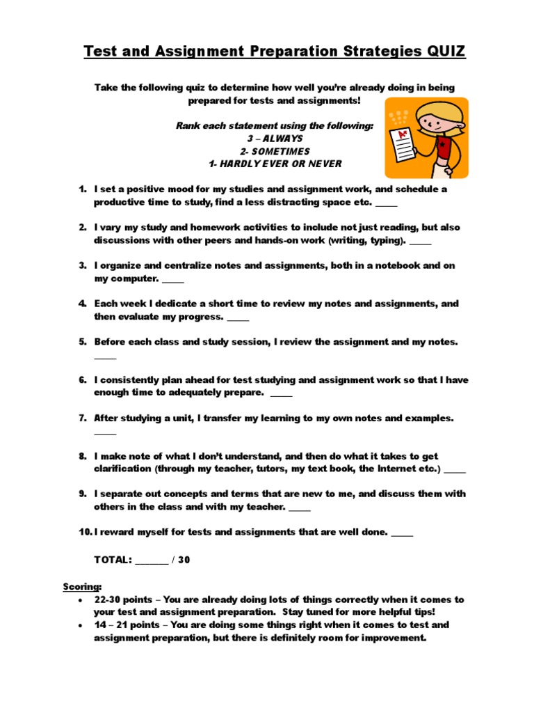 Test and Assignment Preparation Strategies QUIZ: TOTAL: - / 30 | PDF ...