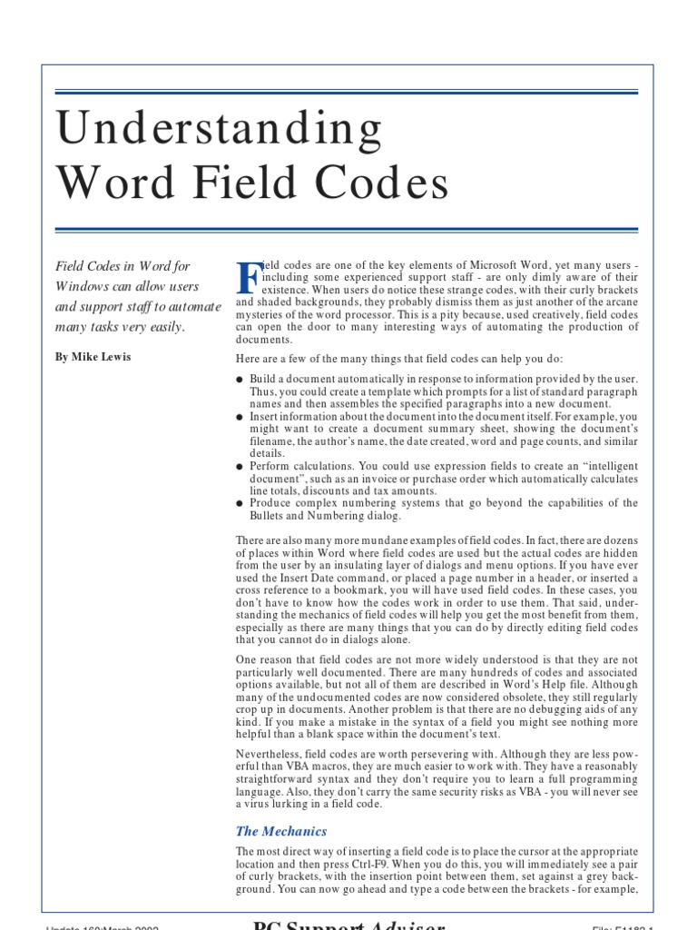 word field codes Microsoft Word Menu