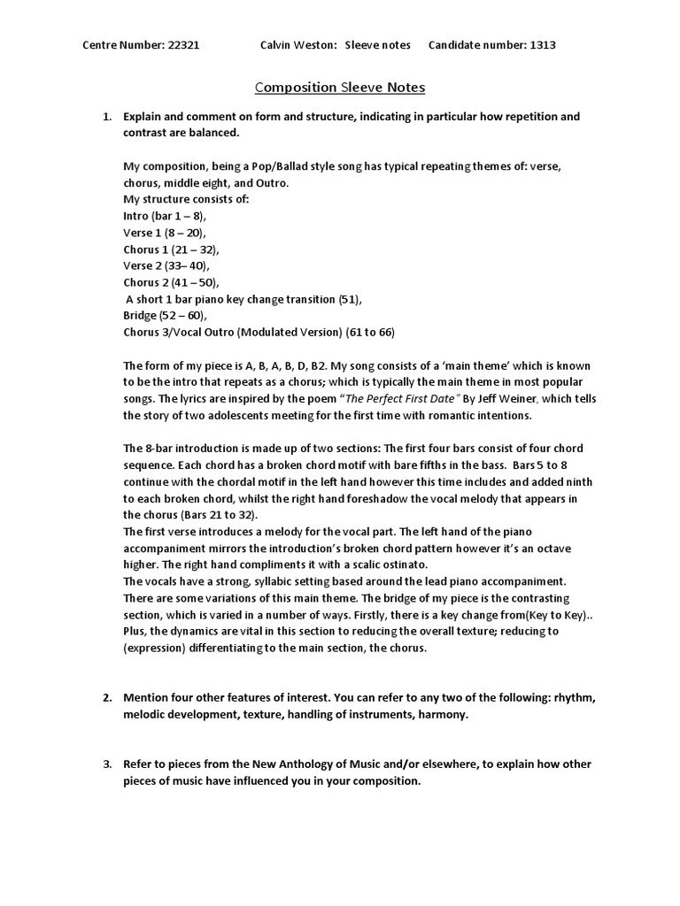 Composition Sleeve Notes: Contrast Are Balanced | PDF | Song Structure ...