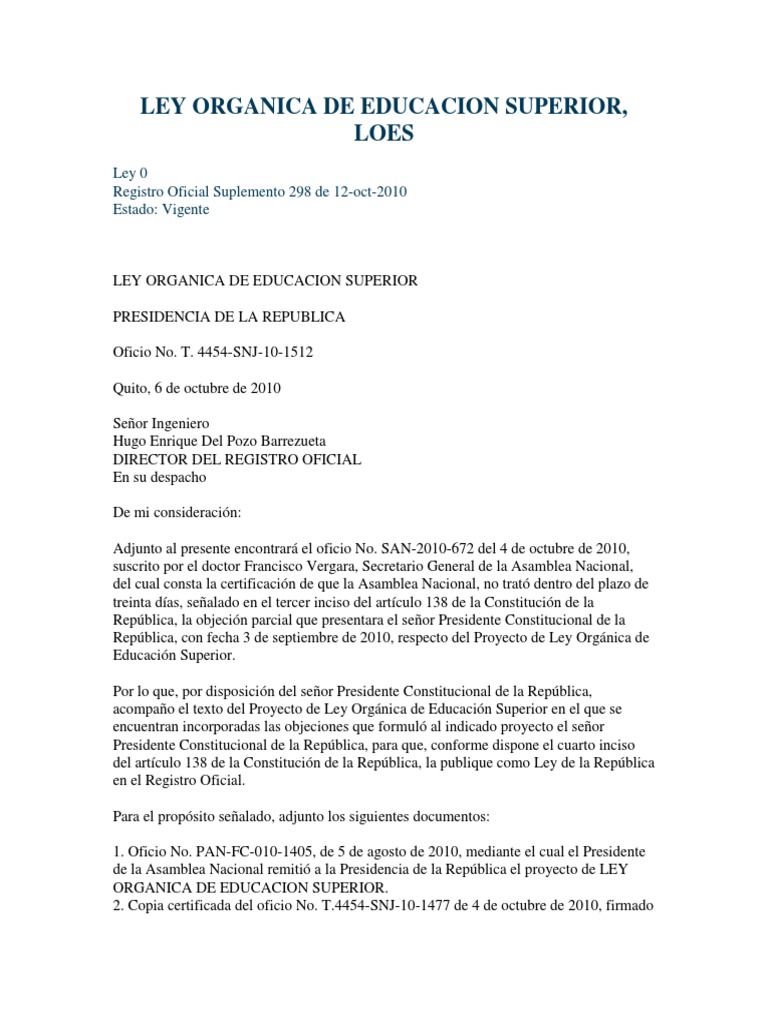 Ley Organica de Educacion Superior Loes PDF | PDF | Constitución ...