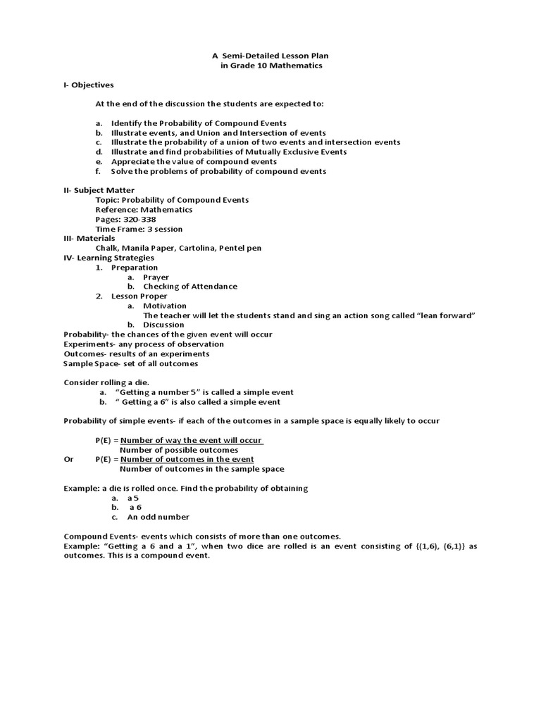 Grade 10 Probability Lesson Plan | PDF | Probability | Probability And ...
