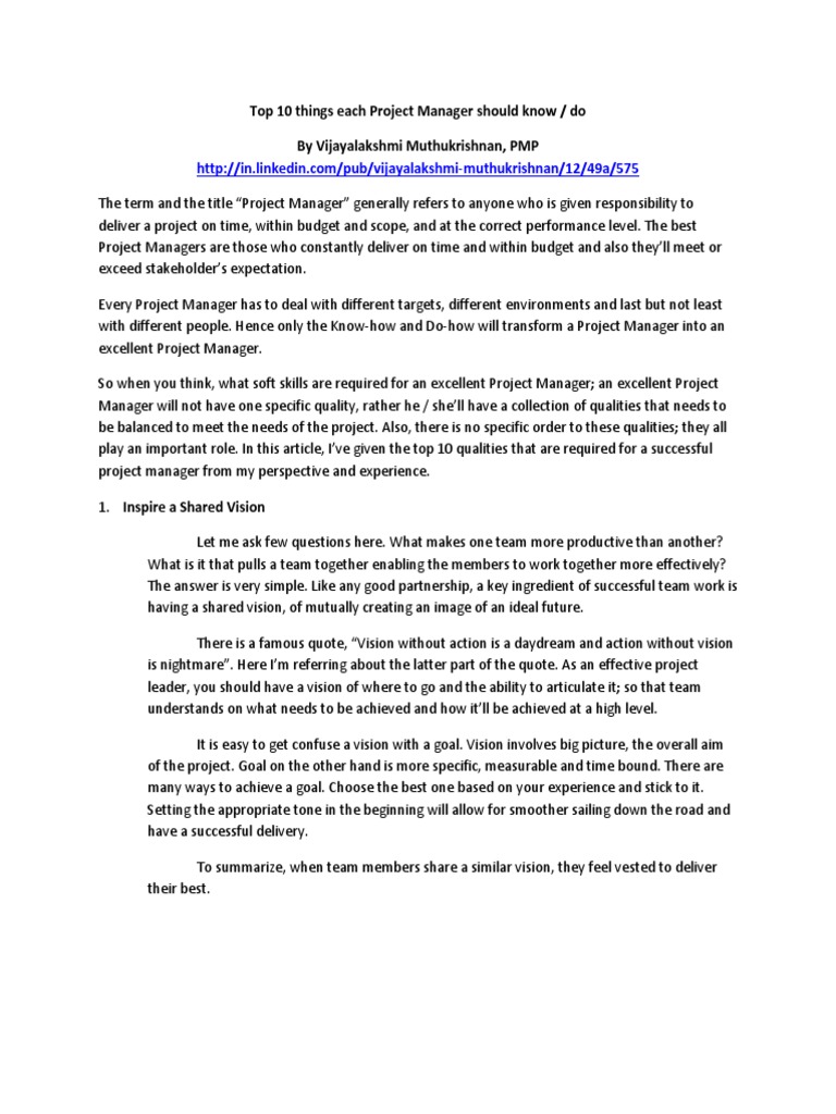 Top 10 Things Each Project Manager Should Know / Do by Vijayalakshmi ...