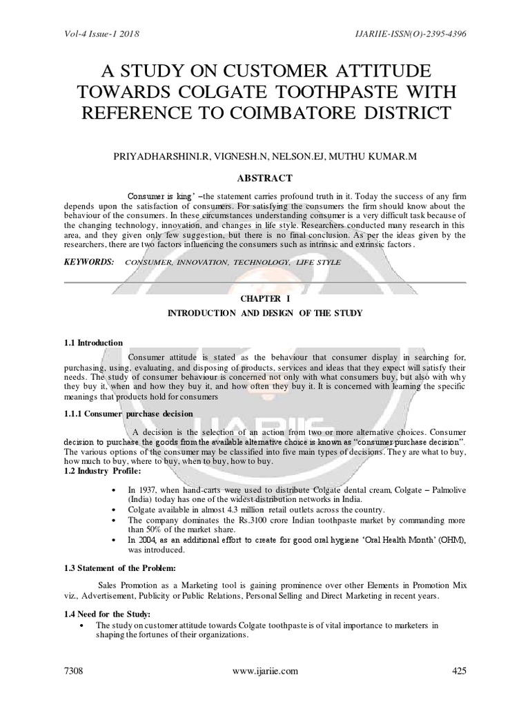 A STUDY ON CUSTOMER ATTITUDE TOWARDS COLGATE TOOTHPASTE WITH REFERENCE
