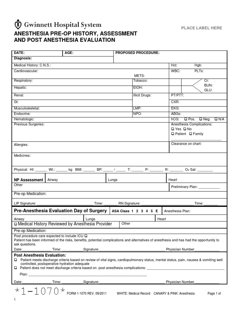 Anesthesia Pre-Op Assessment Form | PDF | Anesthesia | Surgery