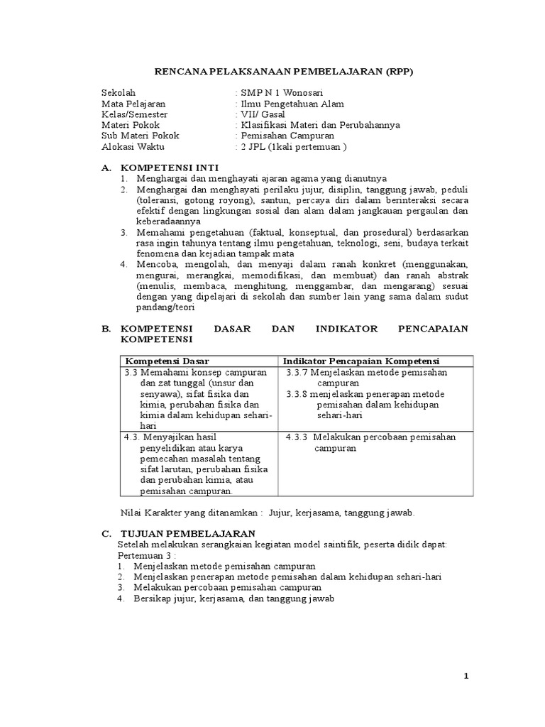 Rpp Ipa Klasifikasi Materi 3 Pemisahan Campuran